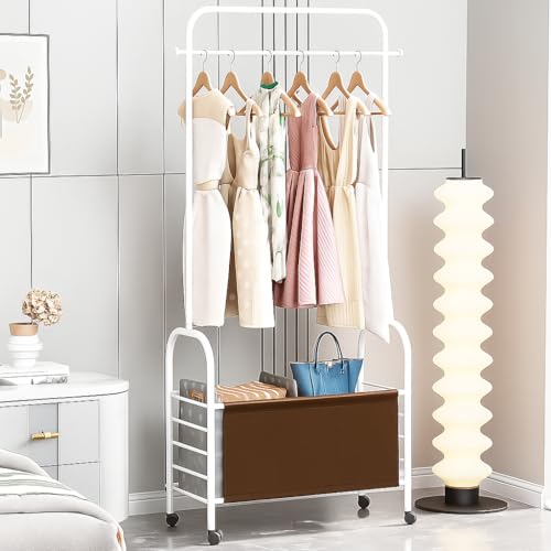 Image of Lukzer | MGR-009 | White | Metal Clothes Rail Stand with 360 Rotating Wheels & Leather Storage Bin - 4 Hook Metal Garment Rack Organizer for Closet, Laundry Room, Bedroom & Dorm | 171 x 75 x 35 cm