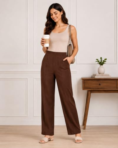 Image of Women's Mid Rise Wide Leg Trousers with Elastic Waist & Pockets