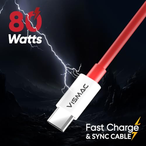 Image of Vismac 80W Fast Charging USB A to Type C Cable | Turbo Charge & Data Sync | Tangle-Free Design | Compatible with All Type-C Smartphones & Tablets | 1M (Red)