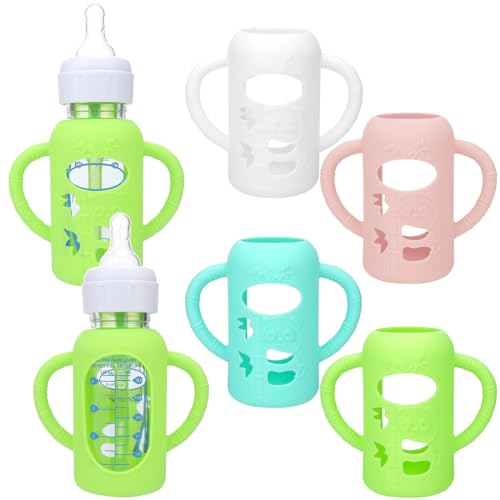 Image of Mity rain 4 Pack Silicone Sleeves for Dr. Brown's Glass Bottles 8OZ - Anti Breakage Baby Bottle Holder, Compatible with Dr. Brown's Glass Bottles for Babies (4OZ with Handle)