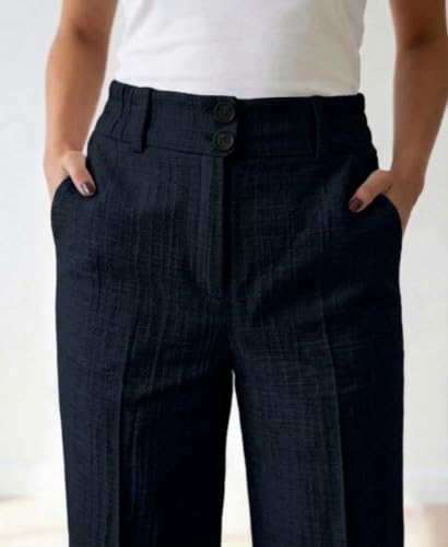 Image of TOPLOT High Waist Korean Trousers for Woman | Premium Wide Leg Palazzo Pant | Full Length with Dual Button & Elastic Band | Comfortable Office Wear & Business Casual Trouser (5272)