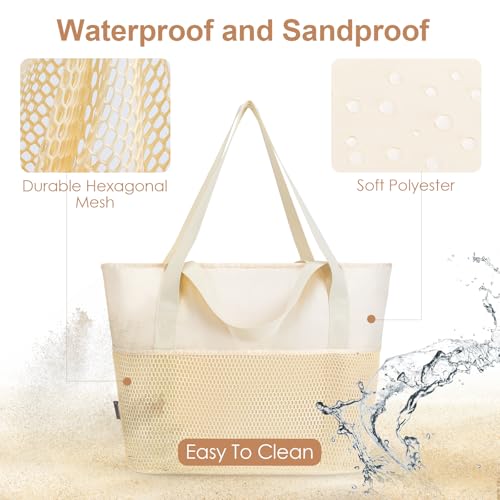KABAQOO Large Beach Bag Waterproof Sandproof Tote Bag for Women with Zipper & Mesh Pockets for Pool Swim Travel Everyday2