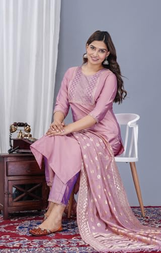 Image of Women's Silk Embroidered Kurta with Pant and Dupatta Set, Straight Style