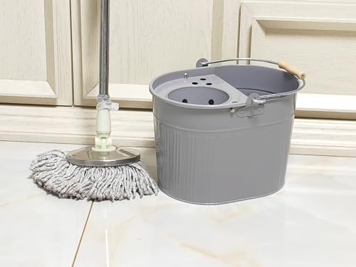 Cubo industrial de acero galvanizado para fregona de 13 litros, grande, galvanizado, reforzado, resistente, grueso, de acero para limpieza general en casa, oficina (gris)
