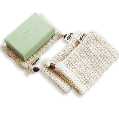EKOH Hemp Sisal Soap Saver Pouch, Exfoliator Drawstring Shower Pouch 3-Pack, Eco Gift Box, Zero Waste Plastic-Free Soap Pocket for Large Soap Bars