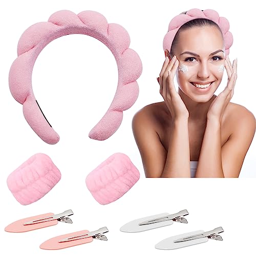 3 Set Bandeau et Bracelet de Lavage du Visage,Bandeau Cheveux Femme Maquillage,Poignet en Polaire Corail,Bandeaux et Bracelets pour les Lavage le Soins de la...
