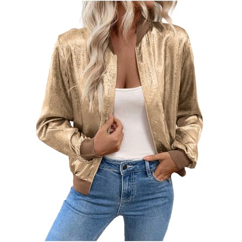 Women's Metallic Zipper Bomber Jacket Matte Glossy Long Sleeve Cropped Flight Jacket Full Shimmering Shiny Fall Coat