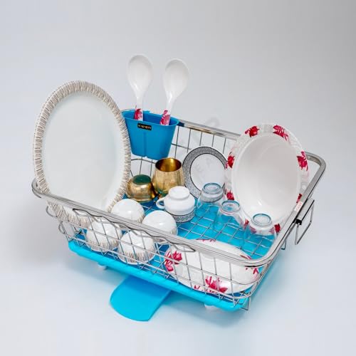 Image of KWER Stainless Steel Utensil Basket Drainer Dish Drainer Basket with Tray for Kitchen Vessel Drainer Rack Dish Drying Rack with Tray and Cutlery Holder, 43X56X24 Cm