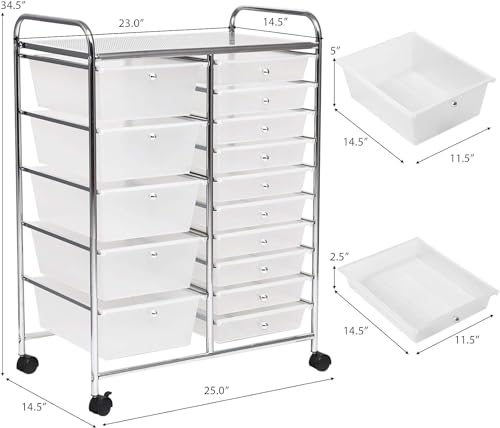 Image of LDAILY 15 Drawer Rolling Storage Cart, Rolling Cart with Drawers for Classroom, Art Supply Craft Organizer on Wheel with Metal Frame & Handles for Home Office School