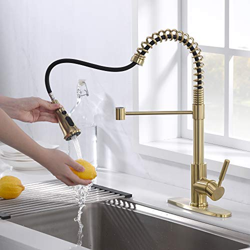 Soka Kitchen Sink Faucet With Dual Function Solid Single Handle W/ Deck Plate Pull Down Sprayer Spring Kitchen Faucet , Brushed Gold (Sk5001Ar) #TOP2