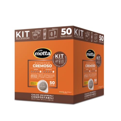 CAFFÈ MOTTA Kit Bicchieri Palette Zucchero con 50 Cialde ESE 44 mm Espresso CREMOSO - Caffe in Cialde Compostabili - Made in Italy (1 Confezione di Kit 50)