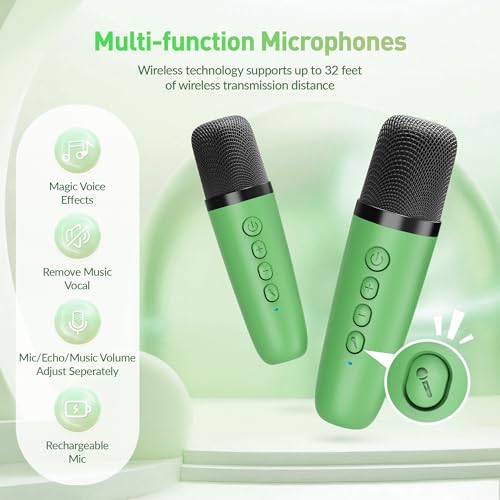 Image of Mini Karaoke Machine：Portable Bluetooth Karaoke Microphone, Singing Speaker with 2 Wireless Mic and Light Kids Adults, Christmas Birthday Gifts for Girls Boys Family Home Party(Green)