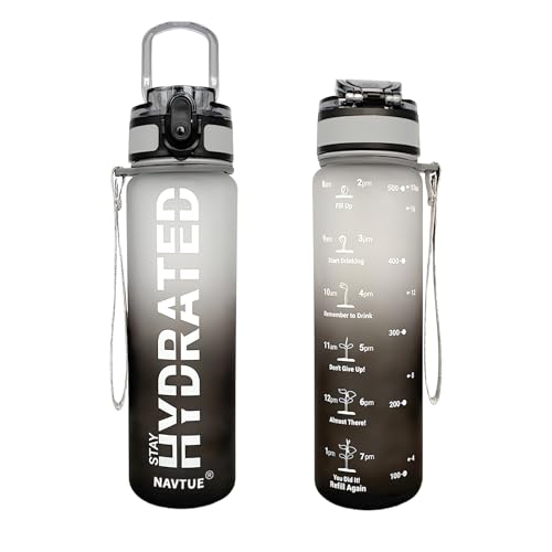 NAVTUE Trinkflasche, 500ml Wasserflasche BPA-frei, Zeitmarkierungen, Auslaufsicher Sport trinkflasche für Fitness, Radfahren, Büro, Laufen, Fitnessstudio, Yoga (SchwarzGrau Schnelltrink 500ml)