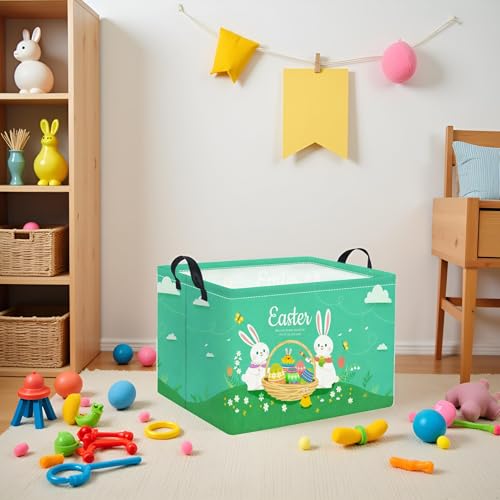 Image of Rectangular Easter Basket for Home Kitchen Baby Girls Basket Cute Storage Bin Organizer Shelf Book Room Decor(Green Cute Bunny)