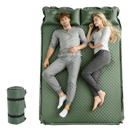 Double Camping Sleeping Pad with Pillow, 2' Memory Foam Camping Mattress 2 Person, 5R Insulated Self Inflating Camping Pad, Air Mattress Inflatable Sleeping Mat for Tent, Backpacking, Hiking (Green)
