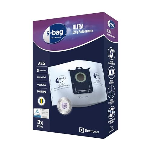 Electrolux, Boite de 3 Sacs d'Aspirateurs, S-Bag Ultra Long Performance, Excellente Filtration, Fermeture Automatique Hygiénique, 5L, E210S [Classe énergétique B]