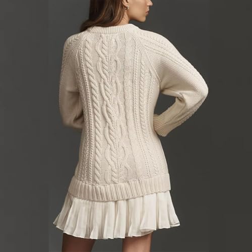 Women Crewneck Cable Knit Sweater Mini Dress, Cable Knit Sweater Dress with Pleated Skirt, Twofer Style Pullovers4