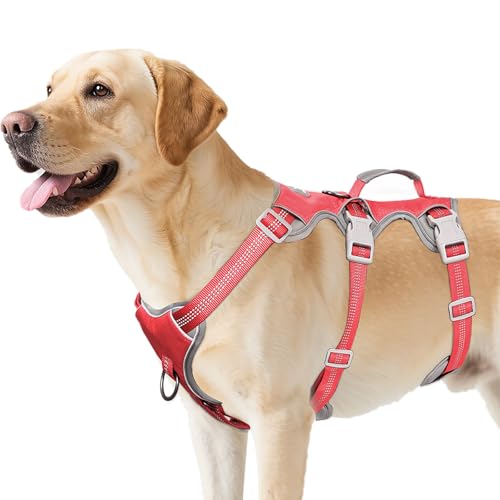 Image of Huntboo Escape Proof Dog Harness, Escape Artist Harness, Reflective Harness with Padded Handle, Breathable, Durable, Adjustable Vest for Medium Dogs Walking, Training, and Running Gear (Red, L)