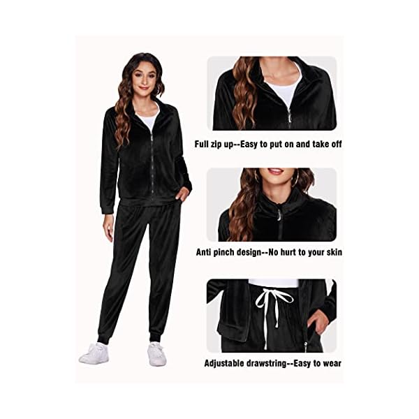 Ekouaer Women's Velour Joggers Sets Fleece Sportswear Full Zip Sweatshirts and Sweatpants Black M