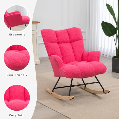 Image of SAETSFEG Rocking Chair Nursery Teddy Upholstered Glider Rocker Rocking Accent Chair Padded Seat with High Backrest Armchair Comfy Side Chair for Living Room Bedroom Offices (Hotpink Teddy)