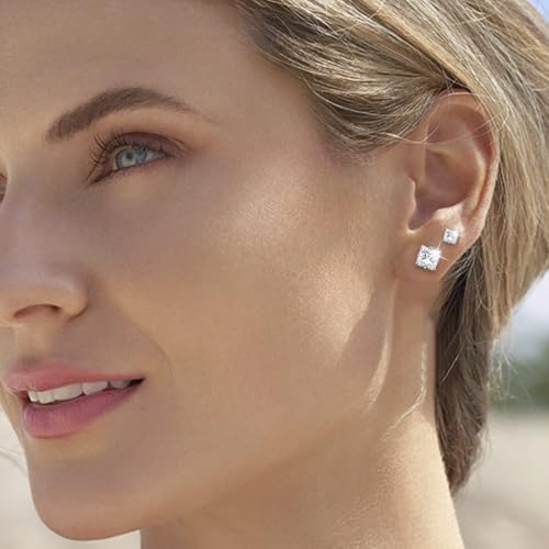 Stainless Steel Stud Earrings Set for Men, 18K White Gold Plated Square Cubic Zirconia Studs Hypoallergenic Mens Earrings Pack 6 Pairs for Men Women4