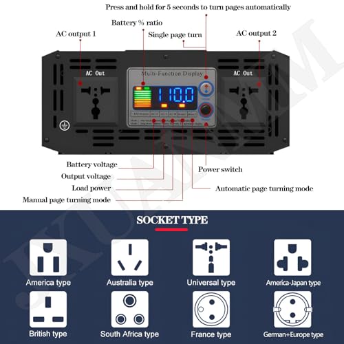 Pure Sine Wave Power Inverter DC 12V/24V/48V/60V/72V to AC 110V/220V 240V Converter 600W-2000W Intelligent Safe Protections Power Inverter with 2AC Outlets,12Vto110V-1600W