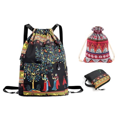 ZBHDEYG 1 mochila de viaje, 1 bolsa de almacenamiento, mochila estampada con cordón, mochila plegable de viaje, mochila deportiva, mochila portátil para mujer, multicolor