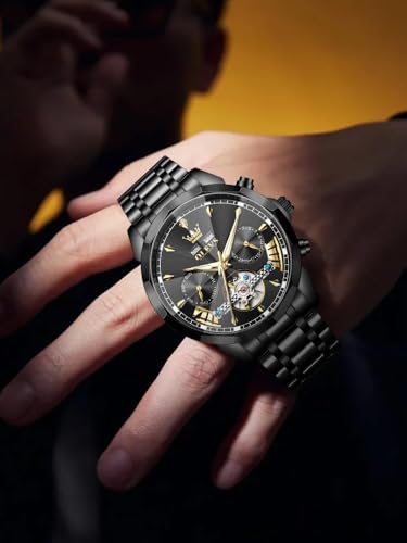 Image of OLEVS Men Automatic Watch Diamond Skeleton Mechanical Luxury Self Winding Moon Phase Calendar Waterproof Wrist Watch for Men