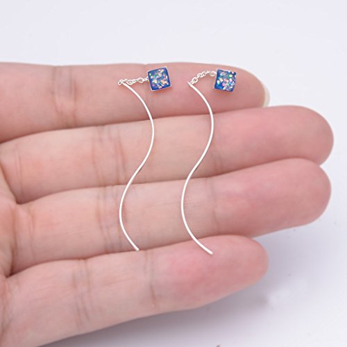 BriLove 925 Sterling Silver Threader Earrings Bohemian Boho Curved Pin Glitter Crystal Women Earrings Sapphire Color AB Cube Shape