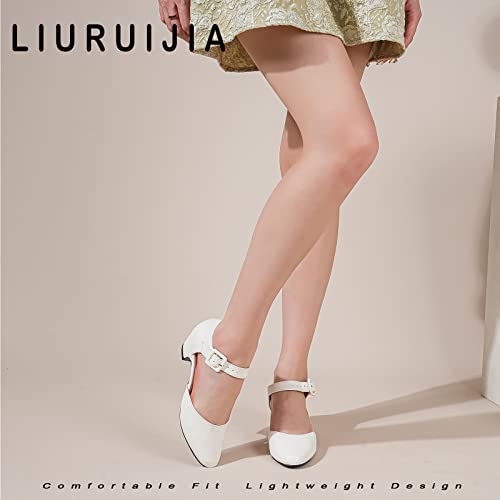 LIURUIJIA Women's Buckle Strap Low Block Heel Dress Shoes Bridal Wedding Heels Pumps White Matte 45 US 112