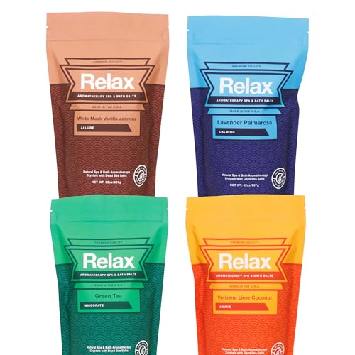 Relax Spa & Bath, Epsom & Dead Sea Salts, Aromatherapy Bath Salts for Hot Tub, Bath, or Spa, Infused with Magnesium, 4 Pack, Escape Therapy