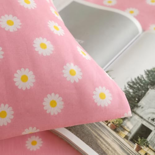 Image of Marrow Lane 300 TC Soft Air Cotton Double Bedsheet | Daisy Meadow | Flatsheet with 2 Pillow Covers | Pink Floral Print (228.6 x 254 cm, Pink & White)