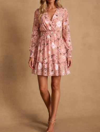 Image of Prettywear Women's Chiffon Long Sleeve Wrap Neck Wedding Guest Mini Dress