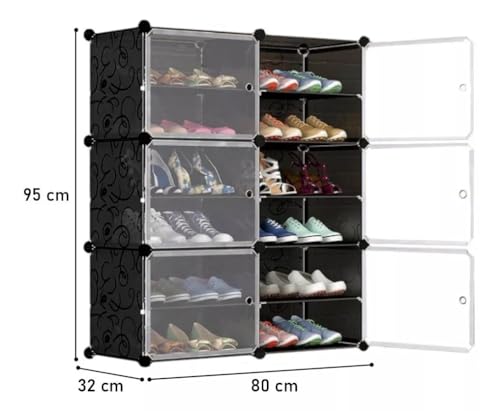 Image of Shoe Rack Multipurpose 5 Shelves Shoe Rack with Zip Door Cover & Side Pockets, Multiuse Wide Shelve,Rack for Footwear, Toys, Clothes (Black, 12-Layer)