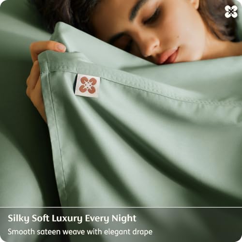Image of Bedsure 100% Organically Grown Bamboo Viscose Queen Sheet Set | Cooling Bedsheets for Hot Sleepers | Luxury Silky Soft PureWoven | 18 inch Deep Pocket with Corner Straps | Oeko-Tex Certified [Sage Green]