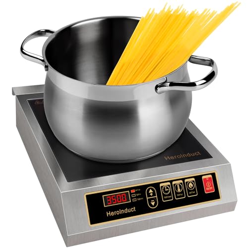 HeroInduct Portable Induction Cooktop 208-240V 3500W Commercial Range Countertop Burner Dual IGBT Modules 8 Heating Level Timer Sensor Push-Button Premium Stainless Steel Housing Schott Glass（Black）