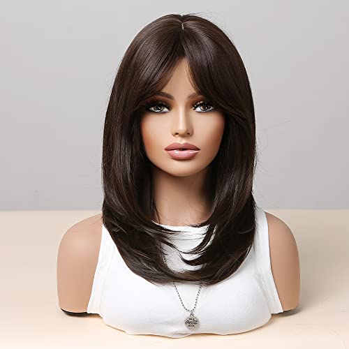 COOlHAlR Black Brown Wig with Bangs Straight Layered Natural Hair Wigs for Women, 19 Inch, 7.0548 Ounce