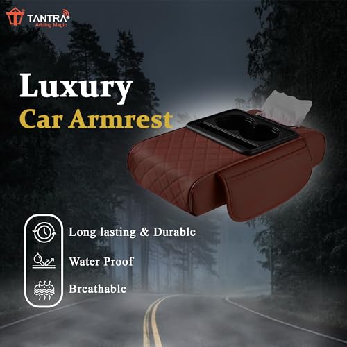 Image of TANTRA Premium Car Armrest Cushion Organizers, 5-in-1 Center Console Cover with 2 Storage Bags Cup Holder, Tissue Box Slot, Phone Slot for Sedans, Car Accessories Interior Organizers (Brown)