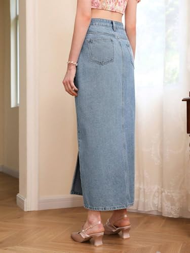 Image of GRECIILOOKS Women's High Waist Denim Skirt with Front Slit - Long Maxi Jean Skirt Casual Fashion - Stylish Denim Skirts for Women