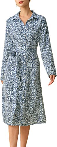 Photo 1 of **NEW** Womens Long Sleeve Floral Tie Front Button Down Casual Boho Midi Shirt Dress Flowy Elegant Lightweight (Blue S)