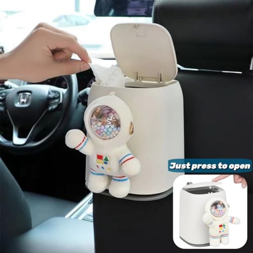 Image of Car Can Garbage Bin Cute Cartoon Style Hanging Car Flip Lid Trash Can Detachable Leak-Proof ABS Material Spaceman Duck Smile Cloud (Duck)