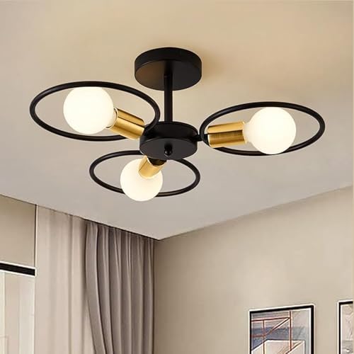 Image of SINOMAN Metal Modern Ceiling Light Fixture 3- Wheel Light Semi Flush Mount Black Finish, Industrial Round Cage Design, E27 Base for Living Room, Bedroom, Dining Room and Home Decor (with Bulb)