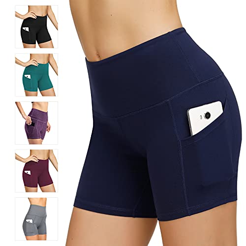 Leggings de yoga para mujer, talle alto, bolsillos para efecto faja, pantalones de entrenamiento, pantalones informales, Mujer, Pantaloni cropped, azul marino, small