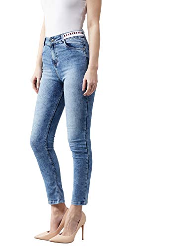 Image of Dolce Crudo Women's Light Blue Slim Fit High Rise Regular Length Light Wash Twill Tape Detailing Denim Stretchable Jeans