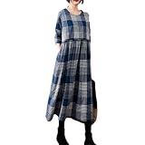 [JoccKorr] ワンピース レディース ロングワンピース 長袖 綿麻 シャツワンピース チェック柄 ドレス 丸襟 マキシ丈 大きいサイズ ゆったり カジュアル ファッション 大人 可愛い きれいめ 体型カバー 着回し オフィス 通勤 OL 春 秋