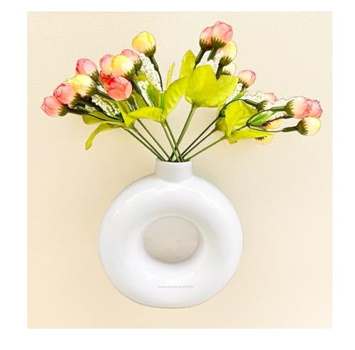 Image of SPHINX Ceramic Vase with Artificial Flowers| Flower Vase Pot for Home Decor,Living Room,Dining Table & Office|Modern Boho Minimalist Centerpiece for Decoration,Gifting (Donut with 2 Small Peonies)