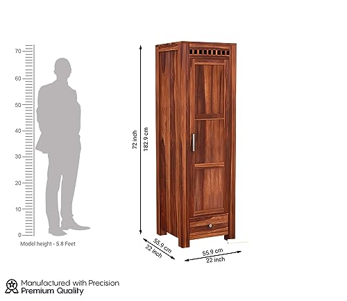 Image of Sheesham Wood Wooden Single Door Wardrobe Organizer for Clothes | - Solid Wood Almirah with 1 Drawers, 4 Shelves - Cupboard for Large Bedroom (Design 4)