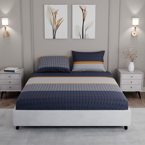 Image of BLISSHOME SoftTouch 150TC Cotton King Size Fitted Bedsheet with 2 Pillow Covers, Silky Smooth Bedding Set, Breathable, Easy Maintain, Geometric Pattern - Blue (183cm x 198cm + 25cm Drop)