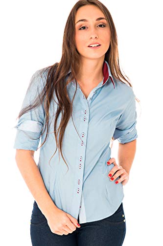 Camisa Social Feminina Manga Longa Lady Tie Azul/Vermelho