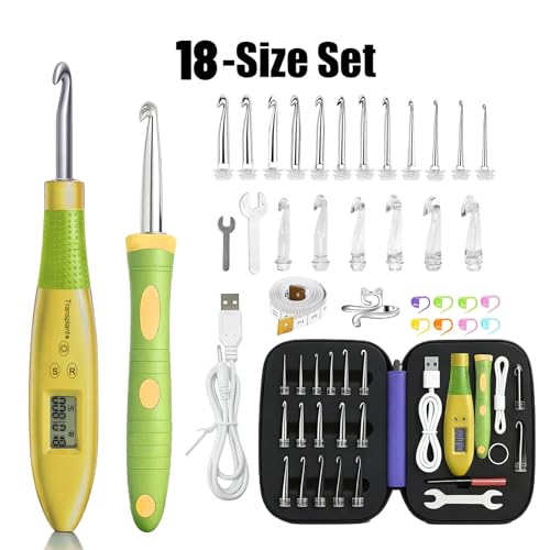 Image of Light up Crochet Hook Set with Stitch Counter Crochet Kit with 18 Different Size Interchangeable Crochet Needle,Ergonomic with 2 Levels Led and Digital Stitch Counter for Crocheting and Knitting